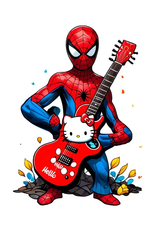 Spiderman Holding Warlock Guitar With Hello Kitty On It