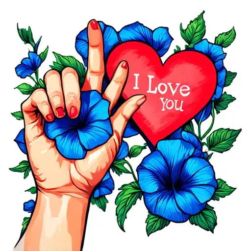 I Love You Sign Language With Heart For Palm Next To Blue Morning Glory