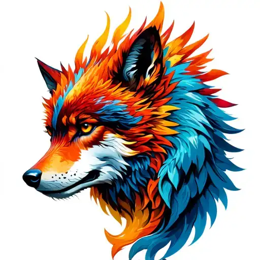 A Phoenix And A Wolf Along With Its Young