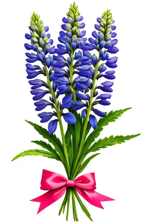 3 Lupine Flowers Without A Background Tied Together With A Pink Bow