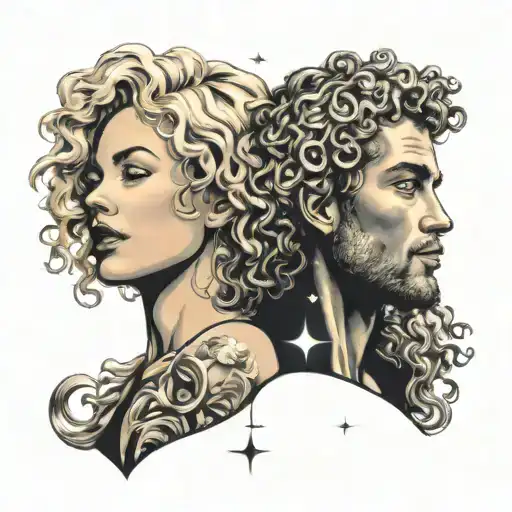 Curly Hair Man And Blonde Straight Hair Woman Stargazing In Love