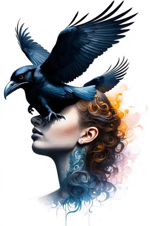 A Female Head Without A Face And The Right Side Fading Into Flying Ravens