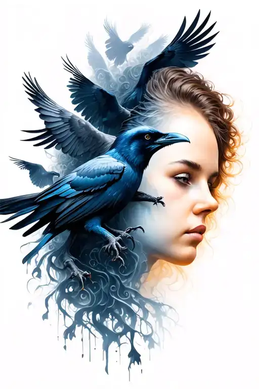 A Female Head Without A Face And The Right Side Fading Into Flying Ravens