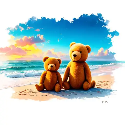 One Small Teddy Bear And One Big Teddy Bear Sitting On The Beach Looking At The Ocean With A Sunset