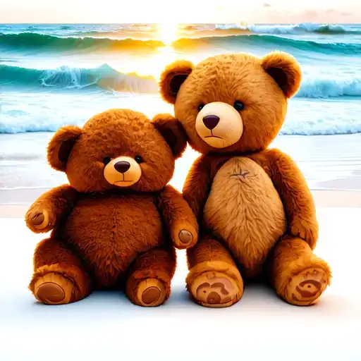 One Small Teddy Bear And One Big Teddy Bear Sitting On The Beach Facing The Ocean With A Sunset