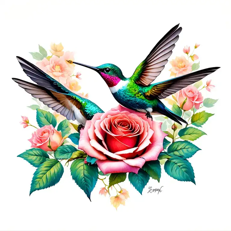 Hummingbird Pollinating A Rose Intertwined