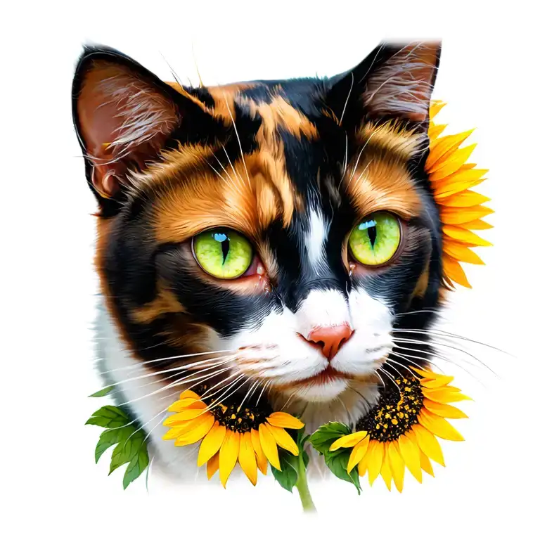 Calico Cat Wide Face Green Eyes Sunflowers