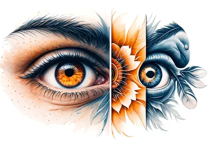 Half Sleeve Tattoo With Two Half Elephant Hazel Eye Half Human Brown Eye With Tattoos And Feathers