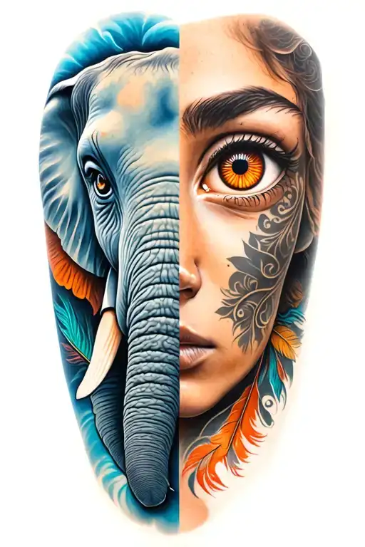 Half Sleeve Tattoo With Two Half Elephant Hazel Eye Half Human Brown Eye With Tattoos And Feathers
