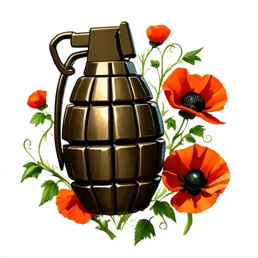 Grenade With Tab Pulled With Vines And Poppies Growing Around It