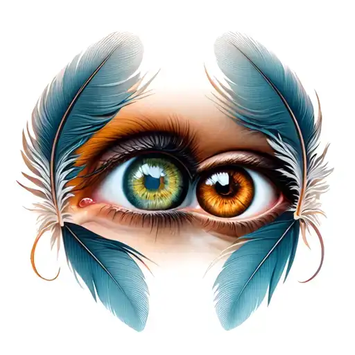 Two Eyes One Hazel And One Dark Brown With Feathers Surrounding
