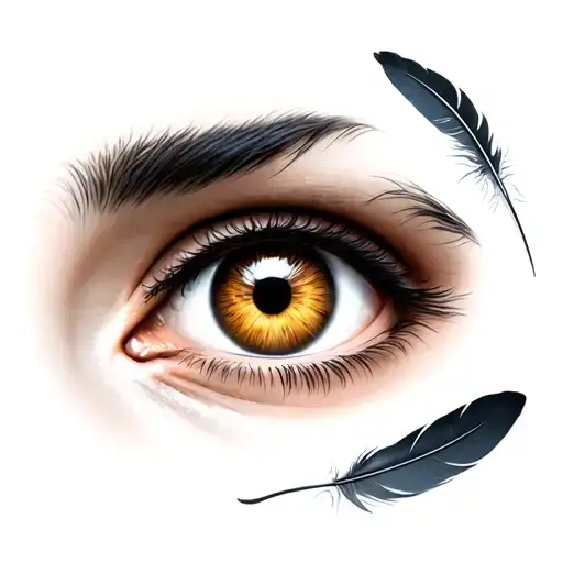 Two Eyes One Hazel And One Dark Brown With A Semi Colon For The Nose With Feathers Surrounding