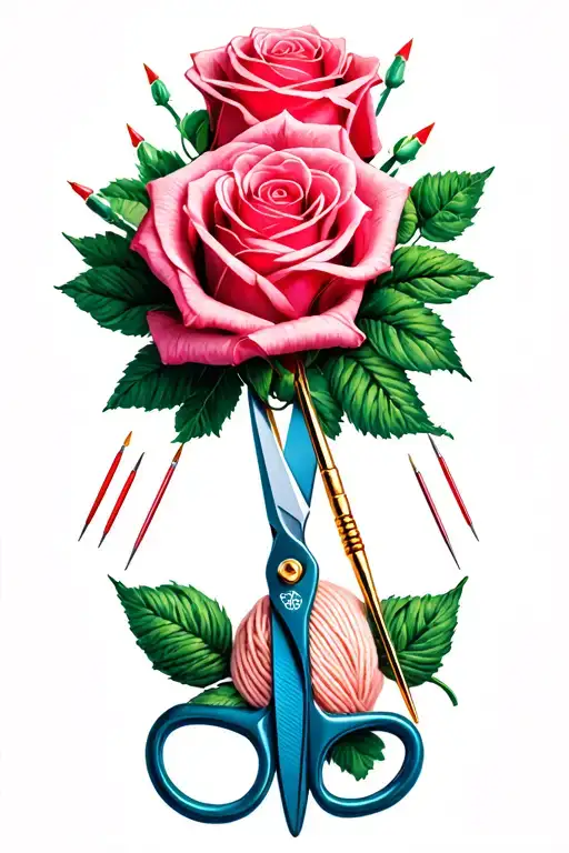 Scissors And Roses Ball Of Yarn And Knitting Needles And Pins
