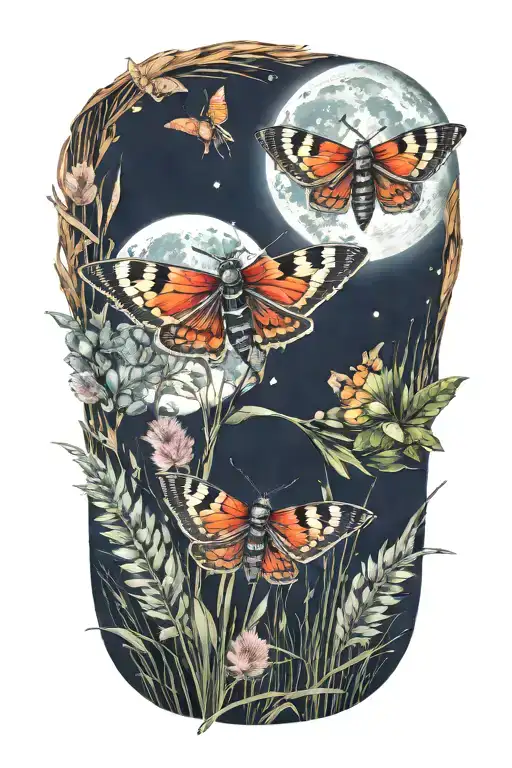 3 Colorful Moths In Front Of Grass And Full Moon Shining