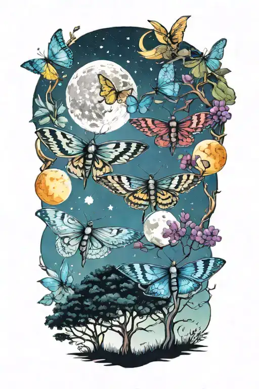 3 Colorful Moths In Front Of Trees And Full Moon Shining