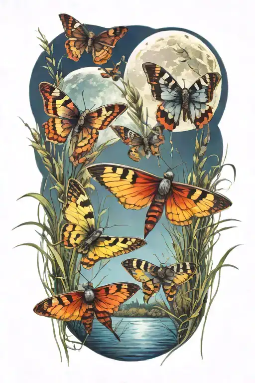 3 Colorful Moths In Front Of Swamp Grass And Full Moon Shining