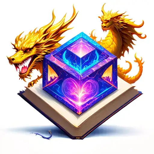 Blue-purple Tesseract With A Golden Dragon And A Book