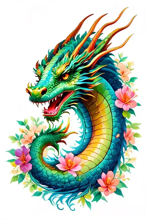 Pretty Dragon With Flowers Surrounding