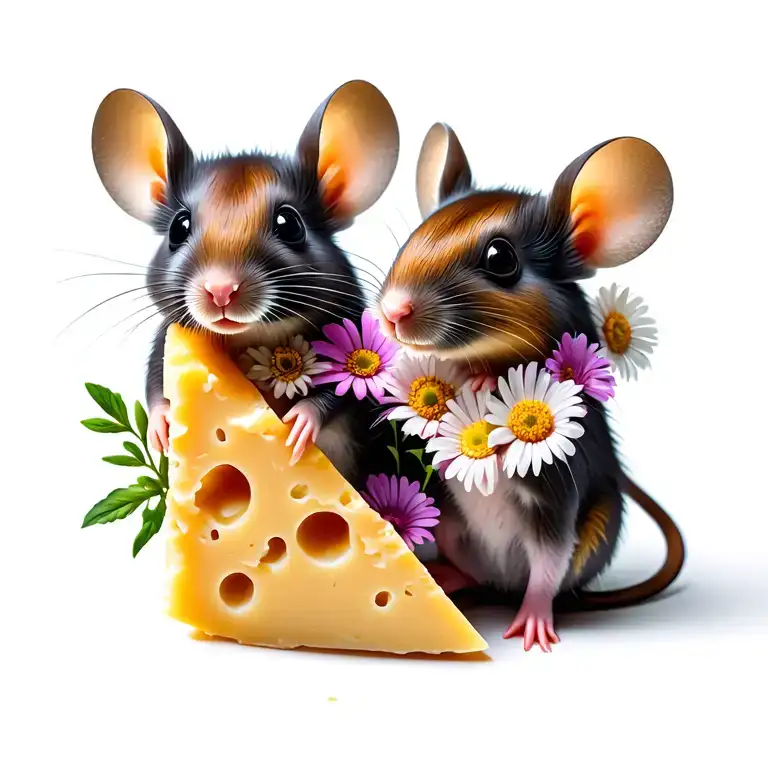 2 Female Mice With A Wedge A Cheese And Flowers