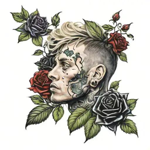 A Realistic Portrait Of Mgk Surrounded By Black Roses