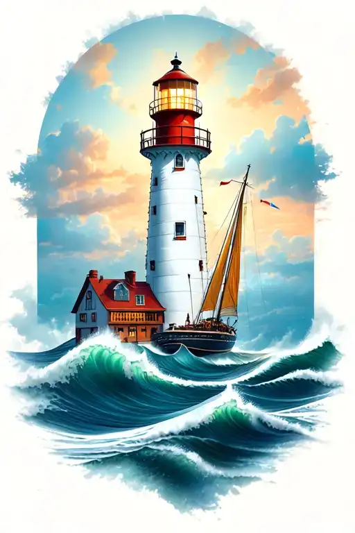 Lighthouse With Waves And Yacht