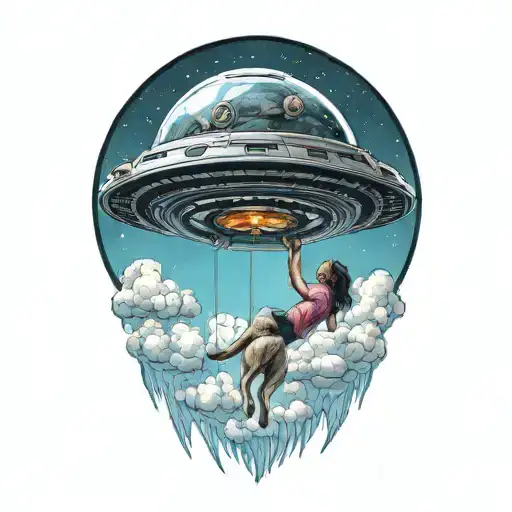 A Dog And Woman Being Lifted Up Into A Ufo Hovering