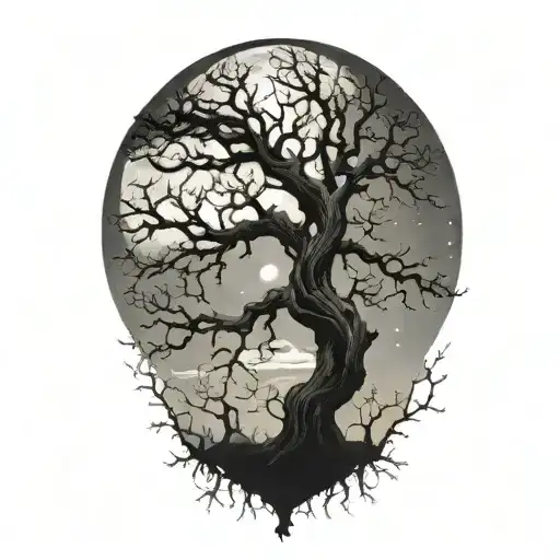 Moonrise Behind Silhouette Of A Gnarly Old Tree