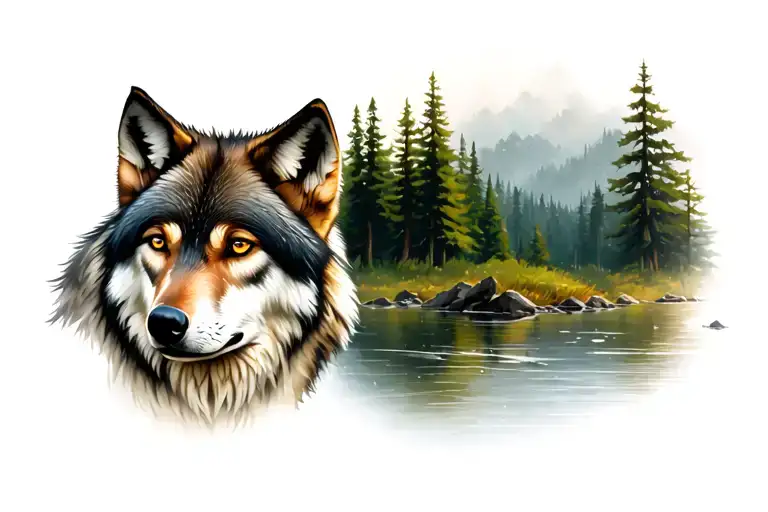 Female Wolf Over Looking The Trees And River