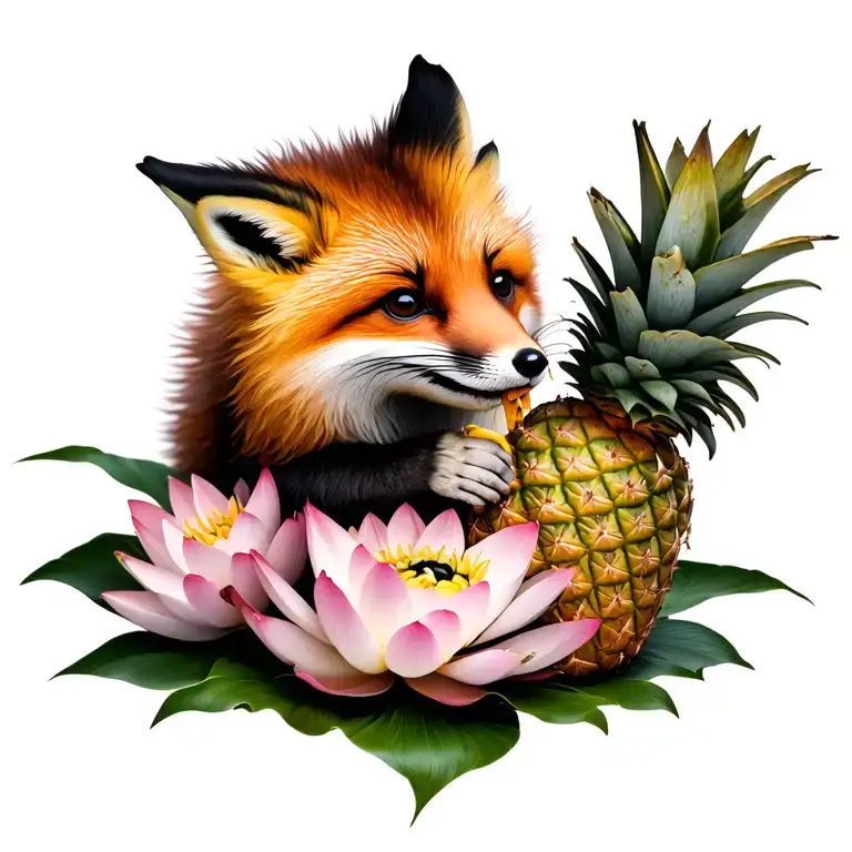 Fluffy Malinistic Baby Fox Eating From A Pineapple On Top Of Light Pink Lotus Flower