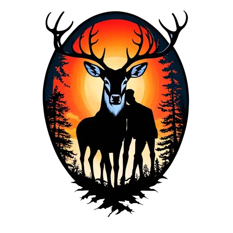 Father 2 Sons Silhouette Incorporates Stag Head Surrounded