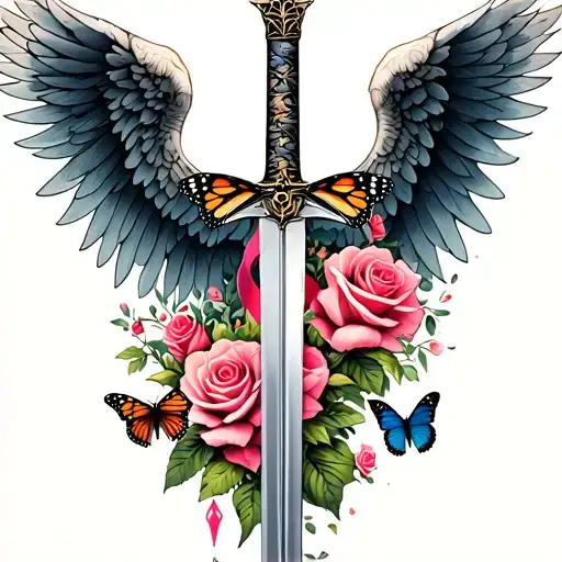 Wings With Sword And Roses With A Cancer Ribbon And Monarch Butterflies