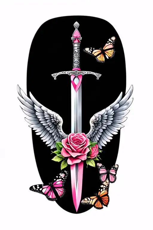 Wings With Sword And Roses With A Cancer Ribbon And Monarch Butterflies