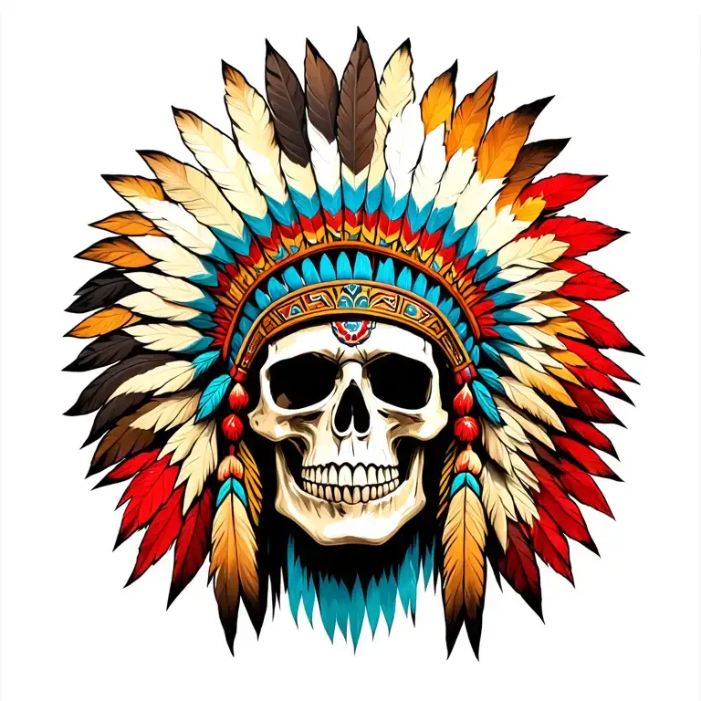 Chief Native American Skull With Headdress Front Facing