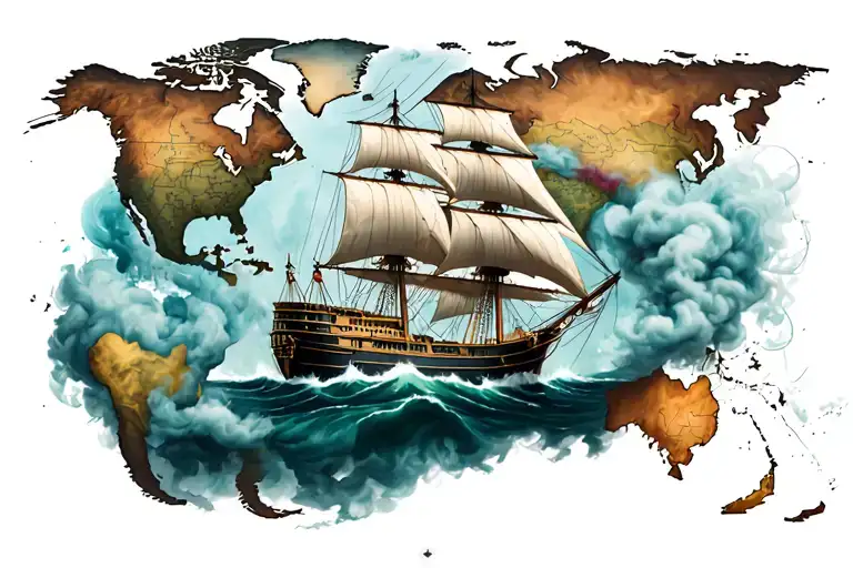 Ship Fading Into Smoke Forming Coiled Rope On A Nautical Map