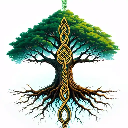 A Tree With A Celtic Knot In The Roots With A Phoniex Coming Out The Top Of The Tree