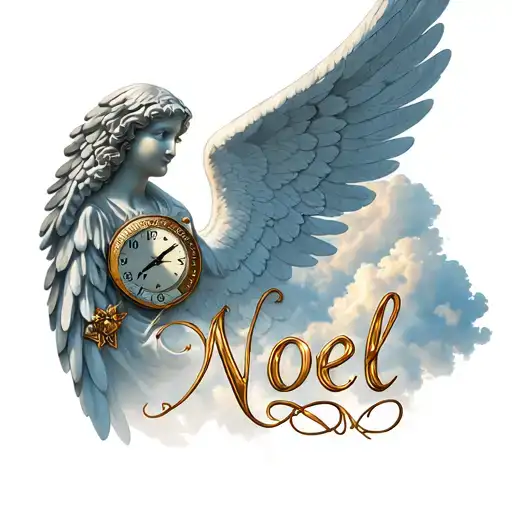 Angel Wing Fades Into Clouds With The Name Noel And A Loin With A Time Clock