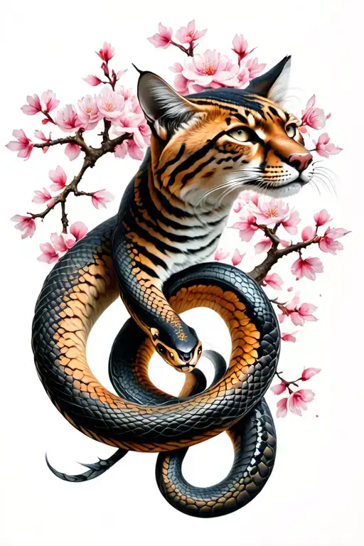 Snake Cherry Blossom Tree Intertwined Lynx