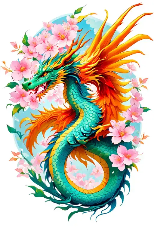 Dragon And Phoenix's With Cherry Blossoms Wrapped