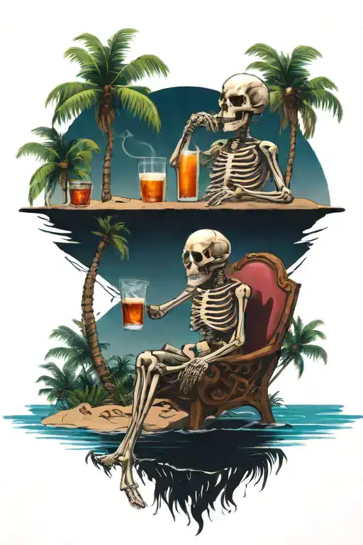 Sea With Beach And Skeleton Drinking Rum Sitting Next To The Palm Tree