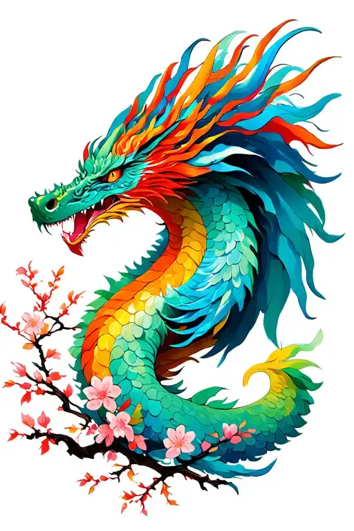 Dragon Facing Phoenix With Cherry Blossom Tree