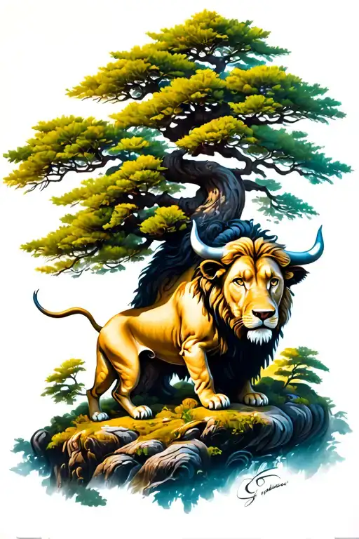 Bonsai Tree At The Base Of A Puppy Lion Protected By A Large Bull