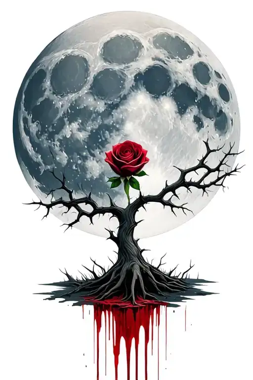 Full Moon Behind The Tree Of Life And A Long Stem Rose With Thorns Dripping Blood On The Ground