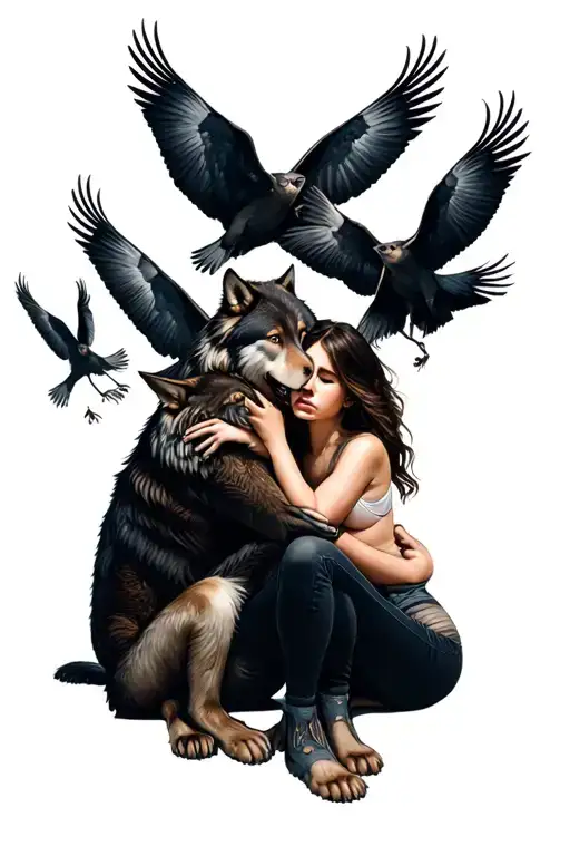 Pack Of Wolves And Vultures Circling Scared Girl Hugging Her Knees On The Ground