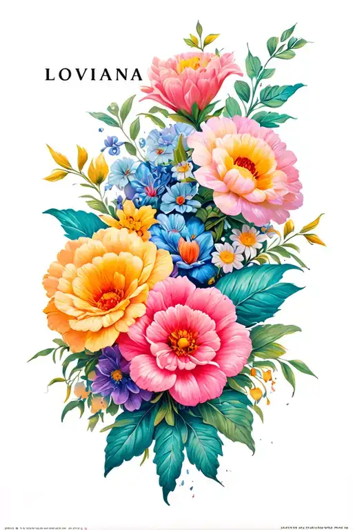 Name Loviana With Various Flowers Intertwined Bloomed