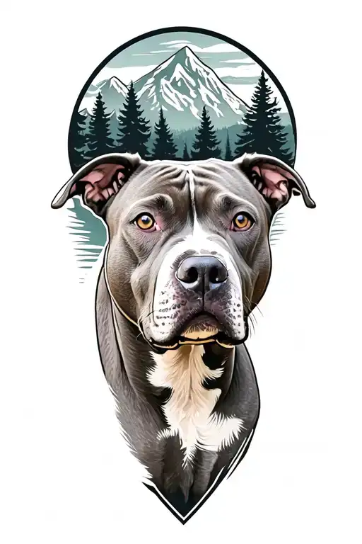 Light Looking Pitbull Dog With Background Of Trees And Mountains