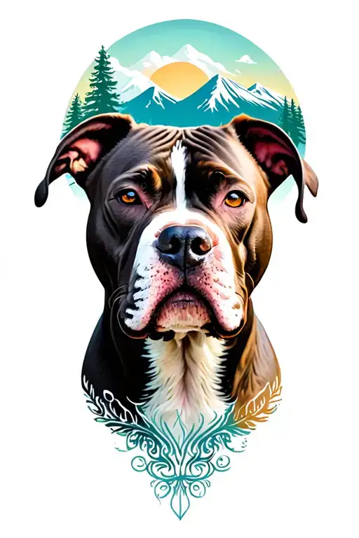 Light Looking Pitbull Dog With Background Of Trees And Mountains