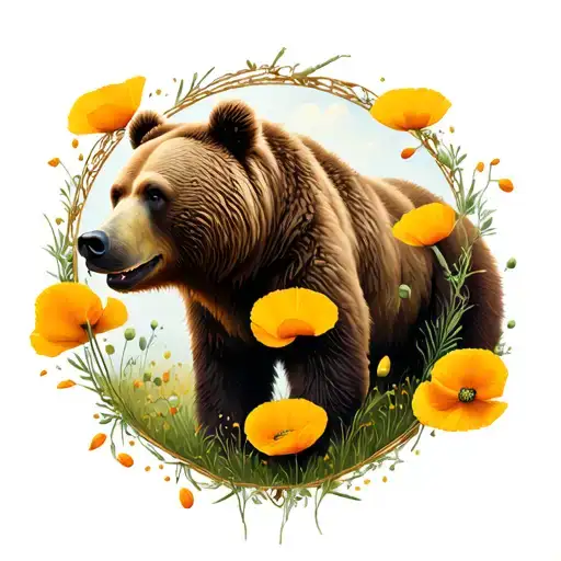 Grizzly Bear And Golden Poppy's In A Circle Frame