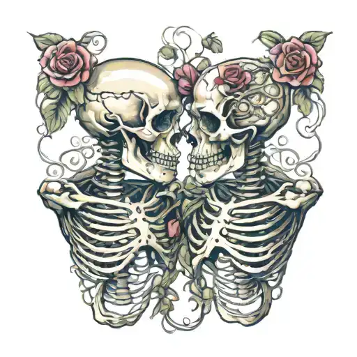 Skeletons Facing Eachother Touching Faces With Vines And Roses