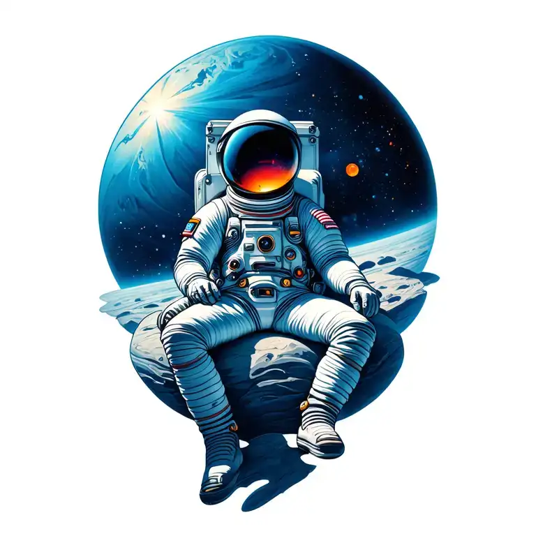 Astronaut Is Sitting On A Sapphire Planet Looking