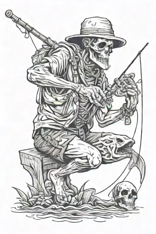 Skull Fisherman Casting His Line Catching A Fish